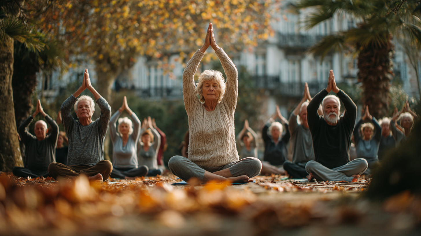 Група людей зрілого віку займається йогою в затишній студії