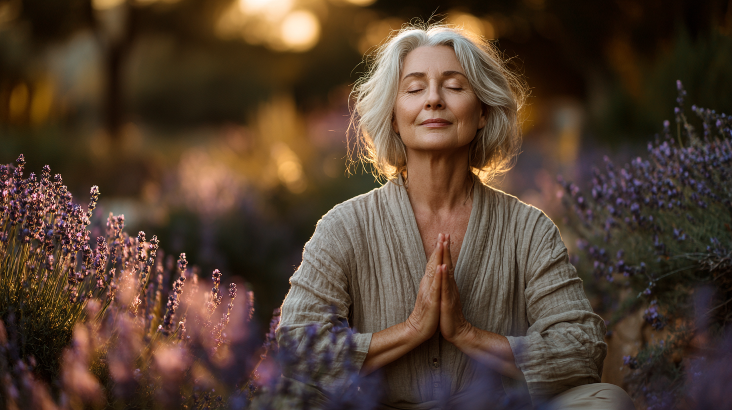 Старша жінка виконує йога-позу на свіжому повітрі